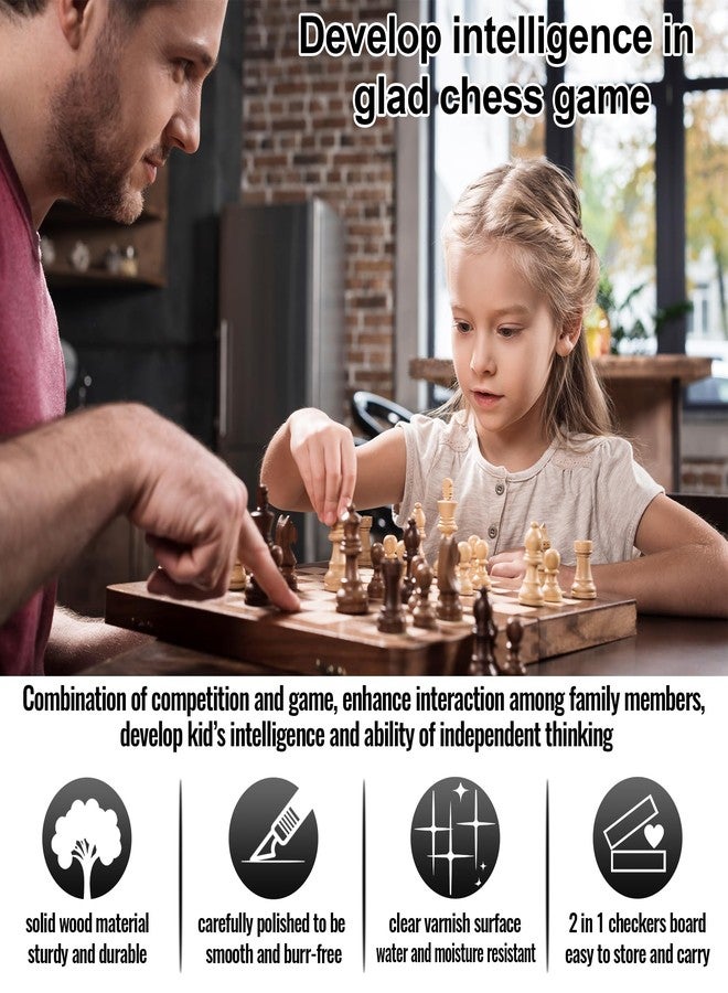 QUMMFA 2 in 1 Wooden Chess and Checkers Set - Folding Magnetic Chess Board with Storage Slots, Chess Pieces, Portable Travel Chess Set for Adults & Kids, Includes Carry Bag - Image 2